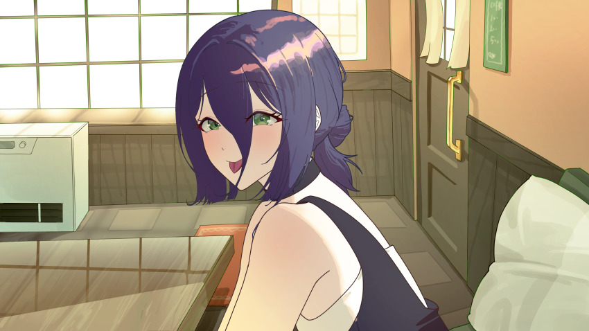 1girl absurdres black_choker chainsaw_man choker cushion door green_eyes hair_between_eyes hair_bun highres indoors kiki_(akasaka0818) purple_hair reze_(chainsaw_man) sitting solo table tongue tongue_out window