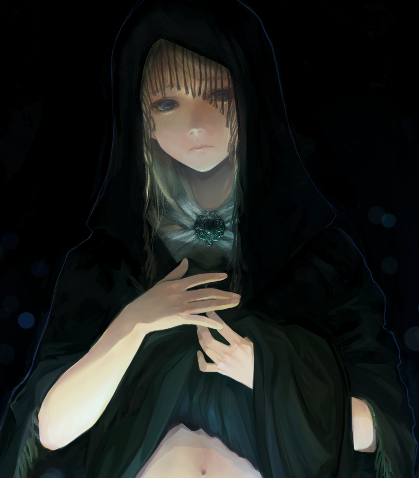1girl black_robe blonde_hair blue_eyes brooch elden_ring fia_the_deathbed_companion highres hooded_robe jewelry lifting_own_clothes long_hair navel robe solo takashima upper_body