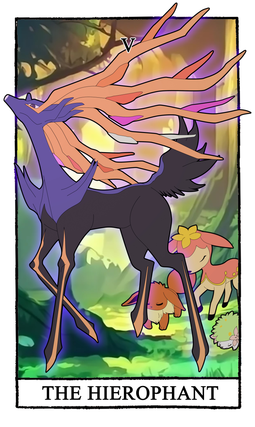 absurdres animal_focus border bowing card_(medium) carrotzmoonman closed_eyes commentary deer deerling deerling_(spring) eevee english_commentary english_text forest full_body gen_1_pokemon gen_4_pokemon gen_5_pokemon gen_6_pokemon highres legendary_pokemon mythical_pokemon nature nintendo no_humans outdoors pokemon pokemon_(creature) purple_eyes roman_numeral screenshot_background shaymin shaymin_(land) tarot tarot_(medium) the_hierophant_(tarot) white_border xerneas