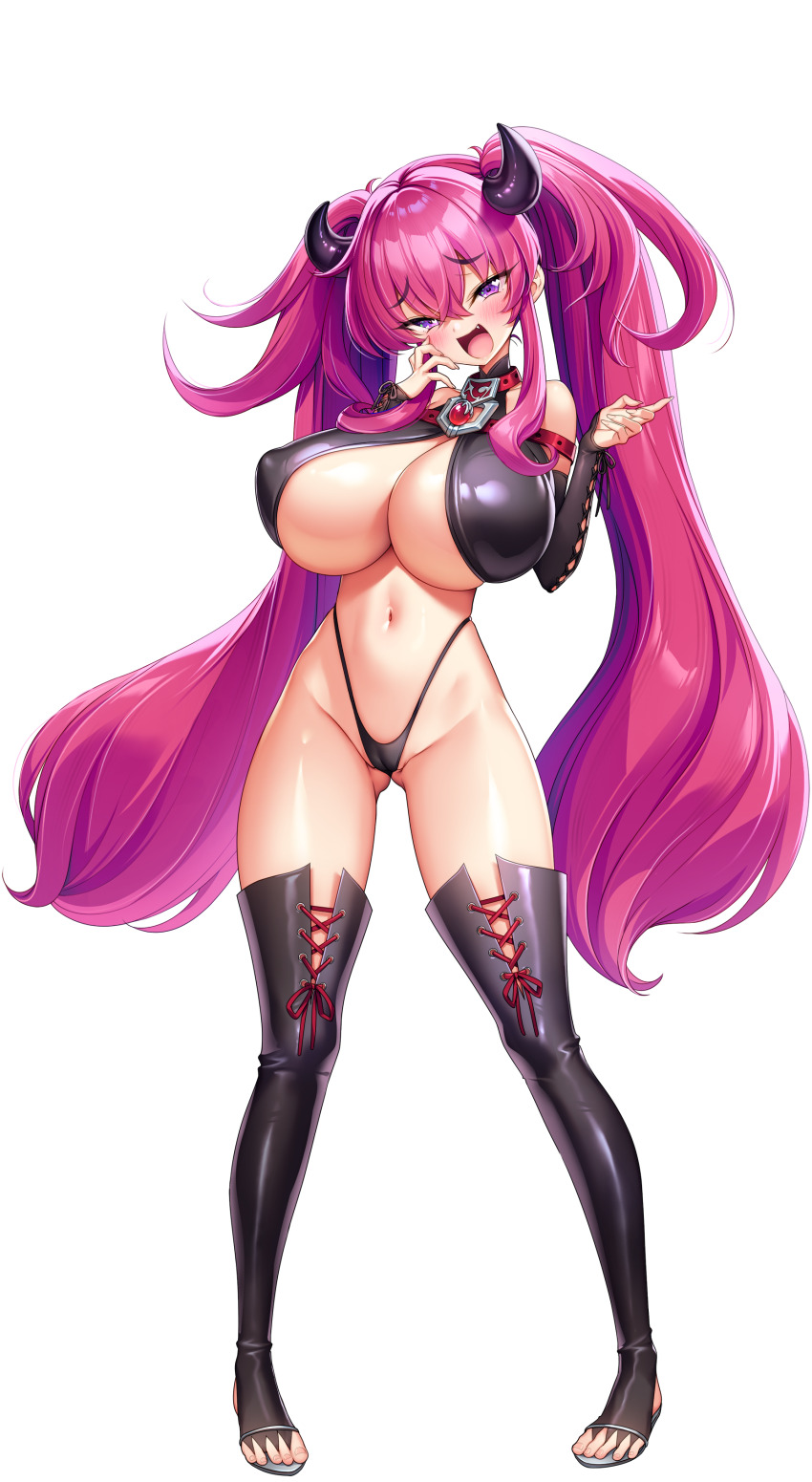 1girl absurdres akagi_rio black_horns blush boots breasts cameltoe cleavage_cutout clothing_cutout collar covered_erect_nipples curved_horns detached_sleeves dragon_girl dyzenia_dracour fang full_body game_cg gloves gluteal_fold highres horns huge_breasts latex_top long_hair looking_at_viewer mesugaki milk_factory motto!_haramase!_honoo_no_oppai_isekai_oppai_maid_gakuen! naughty_face non-web_source official_art open-toe_boots open_mouth pink_hair purple_eyes raised_inner_eyebrows red_collar skindentation smile smug sprite_art tachi-e teasing thigh_boots thong transparent_background twintails underboob very_long_hair