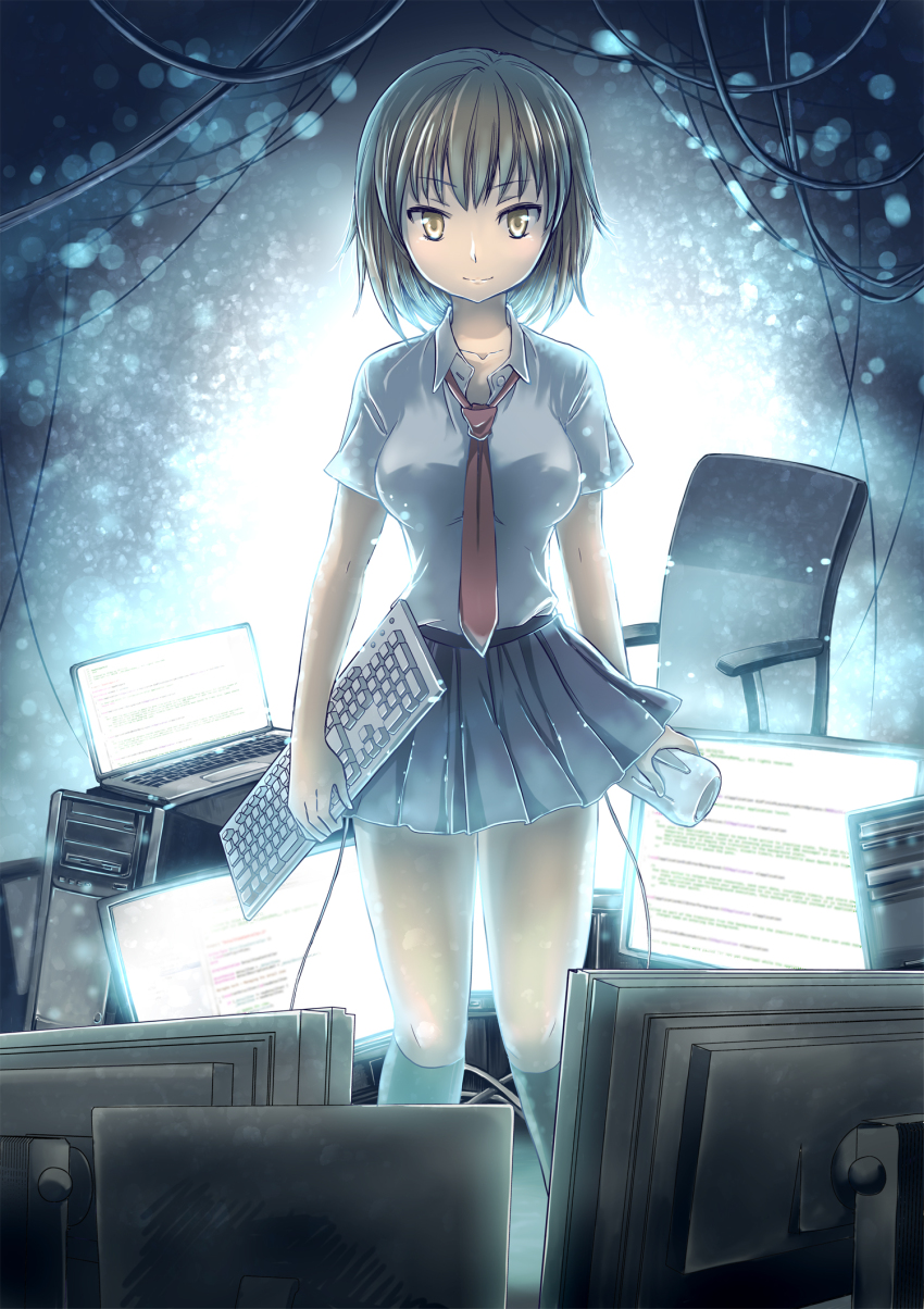 1girl artificial_vagina bad_id bad_pixiv_id black_socks brown_eyes brown_hair chair computer_keyboard female_focus highres keyboard kneehighs looking_at_viewer monitor necktie original school_uniform sex_toy short_hair skirt smile socks solo ubizo