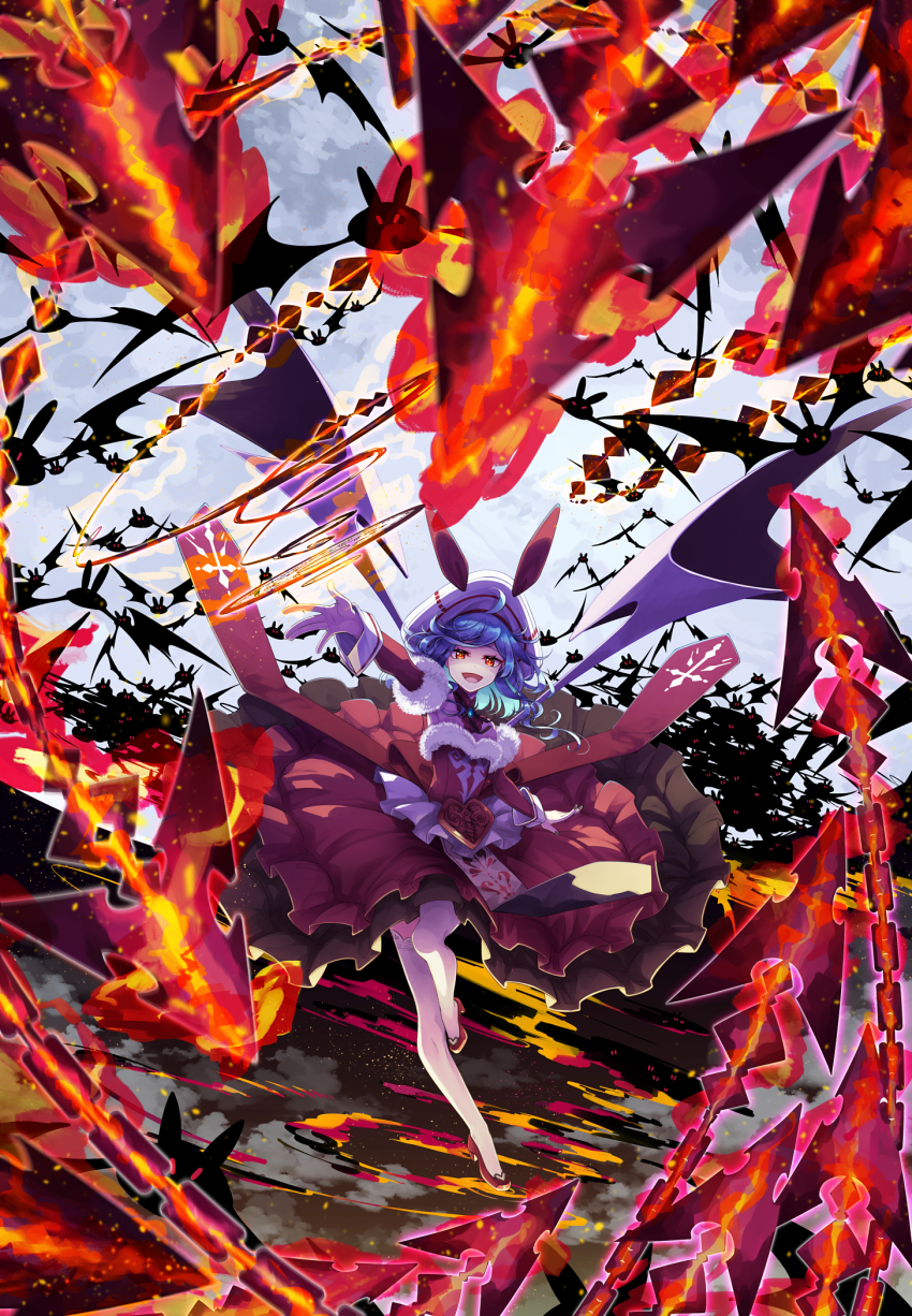 1girl :d bat_(animal) bat_wings blue_hair chain commentary commission curiosities_of_lotus_asia detached_sleeves dress fire full_body fur-trimmed_dress fur-trimmed_sleeves fur_trim hat highres long_hair looking_at_viewer official_alternate_costume open_mouth red_dress red_eyes red_footwear red_sleeves remilia_scarlet sakuraba_yuuki skeb_commission sleeve_cuffs smile solo standing standing_on_one_leg thighhighs touhou white_hat white_thighhighs wings ||/