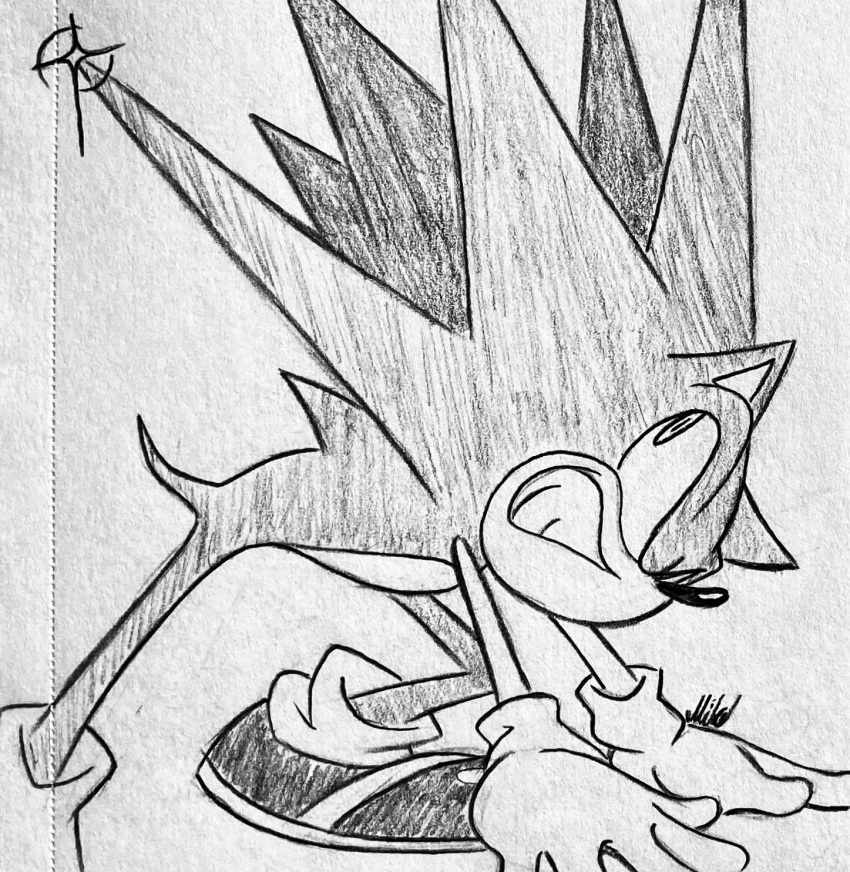 angry artist_name bent_over gloves hand_drawn hedgehog highres looking_up nintendo sega shoes socks sonic_(series) sonic_the_hedgehog spiked_hair spikes spine spines super_smash_bros. supermilobros teeth traditional_media