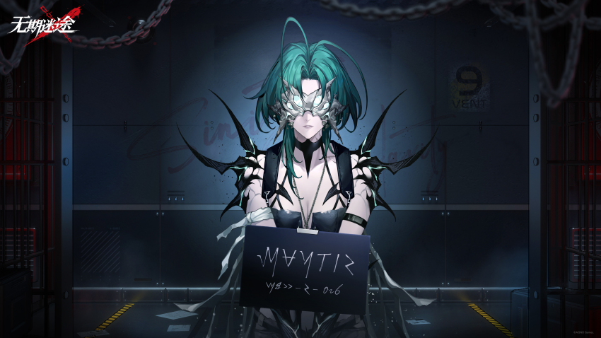 1girl absurdres against_wall antenna_hair bare_shoulders black_tank_top breasts chain character_name cleavage copyright_name covered_eyes eye_mask facing_viewer green_hair highres indoors logo mantis_(path_to_nowhere) medium_hair mugshot official_art official_wallpaper pale_skin path_to_nowhere prison_cell sign sign_around_neck solo straight-on tank_top upper_body