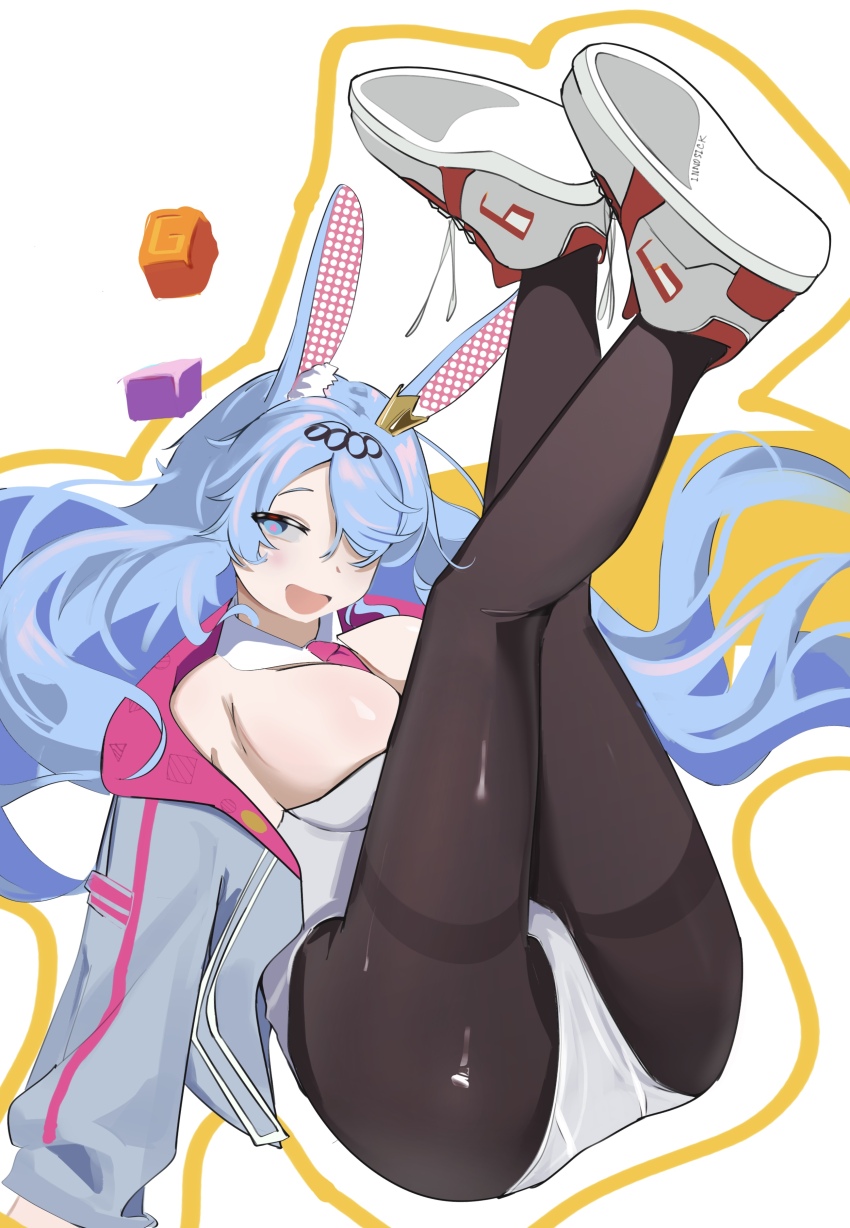 1girl absurdres animal_ears astral_party black_pantyhose breasts full_body highres hood hoodie inno_(innoamp) large_breasts legs leotard long_hair looking_at_viewer mimi_(astral_party) open_mouth pantyhose playboy_bunny shoes simple_background smile sneakers solo white_background