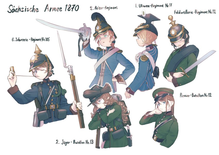 1870 6+girls absurdres aiguillette ammunition_pouch backpack bag bayonet belt black_belt blonde_hair blue_eyes blue_jacket braid brown_hair buttons canteen cavalry_sword closed_mouth combat_helmet commentary cropped_torso german_text green_eyes green_jacket gun hat hat_ornament helmet highres holding holding_gun holding_weapon jacket karasumi_(sumizono) load_bearing_equipment long_hair long_sleeves looking_at_viewer mess_kit military military_hat military_jacket military_uniform multiple_girls musket one_eye_closed open_mouth original peaked_cap pickelhaube plume pouch saber_(weapon) short_hair shoulder_boards simple_background soldier sword uhlan upper_body weapon white_belt