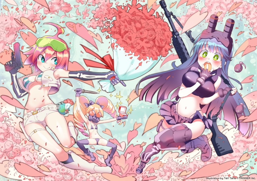 3girls bikini bikini_top_only blush boots bouquet drill_hair elbow_gloves flat_chest flower frag_(trigger) gas_mask gloves jewelry long_hair mask multiple_girls muzzle_(trigger) navel night-vision_device official_art one-piece_swimsuit ornate_ring ring safety_glasses short_hair short_shorts shorts skirt sparkle spring_(trigger) striped swimsuit teri_terio thigh_strap thighhighs thong trigger-chan trigger_(company) trigger_discipline twin_drills visor weapon wedding_ring yuri