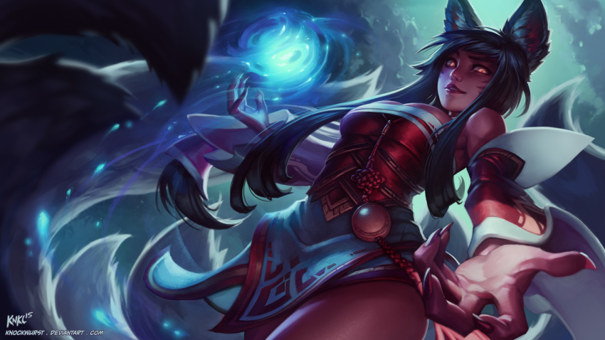 1girl ahri_(league_of_legends) animal_ears breasts claws female_focus foreshortening fox_ears fox_tail highres kienan_lafferty large_breasts league_of_legends long_hair looking_at_viewer magic md5_mismatch multiple_tails solo tail watermark web_address