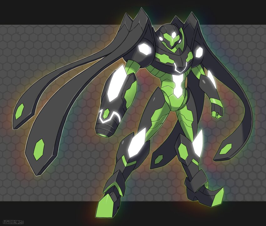 1girl arm_cannon armor assault_visor black_armor black_helmet cosplay gen_6_pokemon green-tinted_eyewear green_armor grey_background helmet highres honeycomb_(pattern) honeycomb_background legendary_pokemon metroid nintendo pokemon power_armor power_suit_(metroid) samus_aran solo tinted_eyewear tomycase weapon zygarde zygarde_(cosplay)