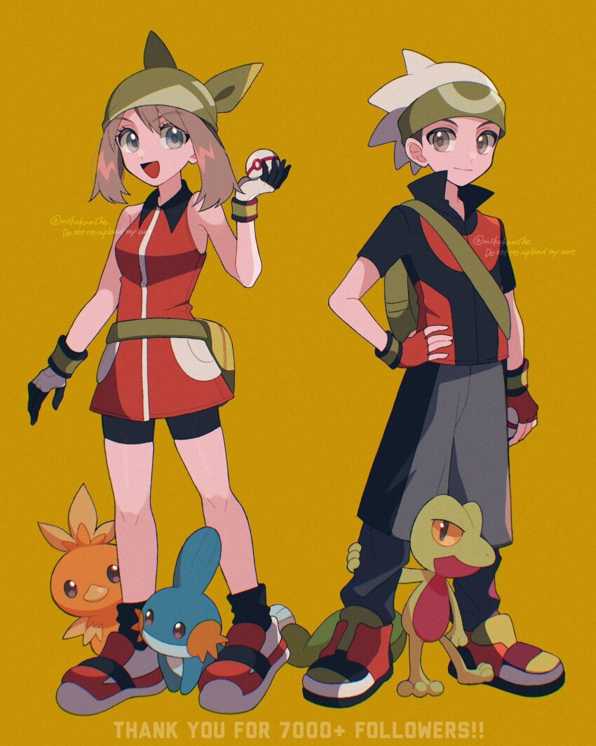 1boy 1girl bandana beanie bike_shorts black_hair blue_eyes breasts brendan_(pokemon) brown_hair creatures_(company) game_freak gen_3_pokemon gloves green_bandana hat highres jacket looking_at_viewer may_(pokemon) mikakami1e mudkip nintendo open_mouth pants pokemon pokemon_(creature) pokemon_emerald pokemon_rse red_shirt shirt short_hair short_sleeves shorts sleeveless smile torchic treecko white_hat
