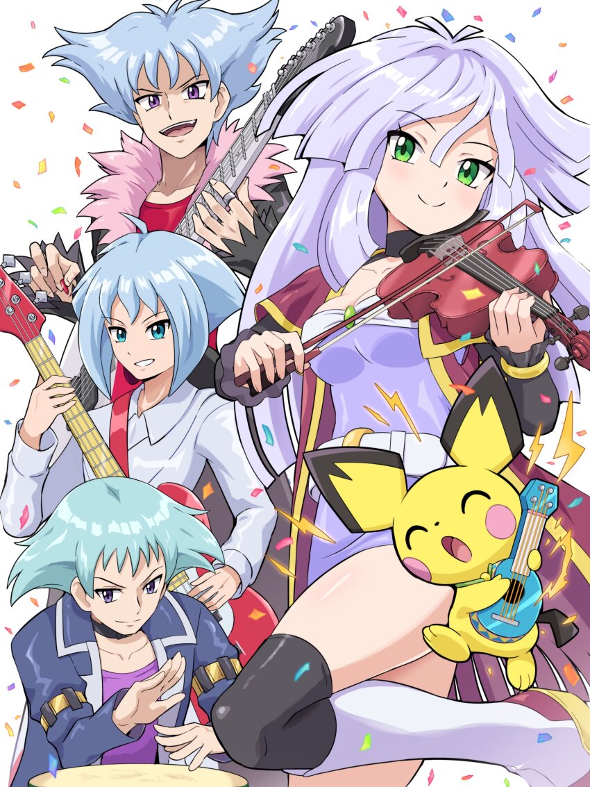 1girl 3boys absurdres billy_(pokemon_ranger) blue_eyes blue_hair blush clyde_(pokemon_ranger) garret_(pokemon) gen_2_pokemon go-rock_squad highres long_hair long_sleeves looking_at_viewer multiple_boys nintendo open_mouth pichu pokemoa pokemon pokemon_ranger purple_hair short_hair siblings simple_background smile standing tiffany_(pokemon)