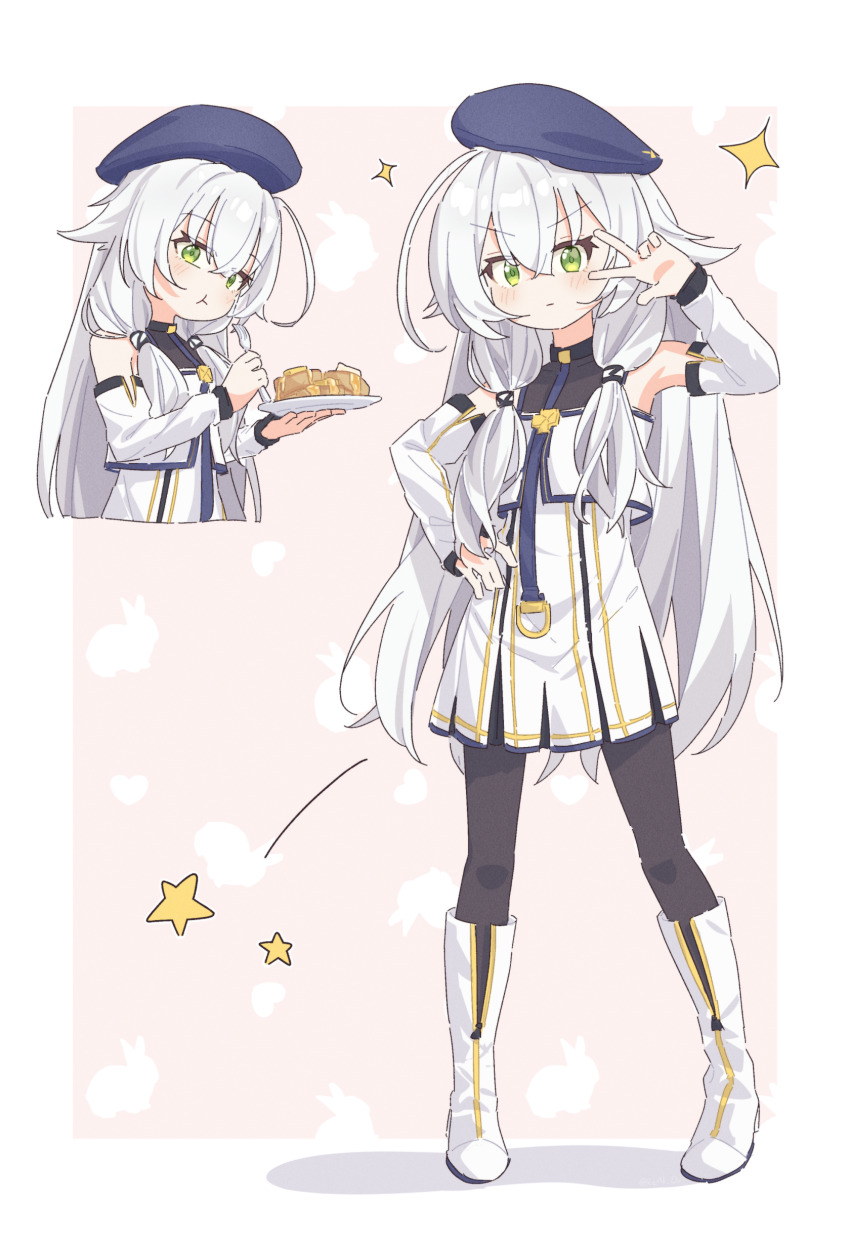 1girl :t absurdres altina_orion beret black_pantyhose blue_hat boots border butter chewing closed_mouth commentary_request eating eiyuu_densetsu food fork green_eyes hair_between_eyes hand_on_own_hip hat highres holding holding_fork holding_plate kai_no_kiseki kuro_no_kiseki_(series) long_hair multiple_views outside_border pancake pantyhose plate rizuaki sparkle syrup v v-shaped_eyebrows v_over_eye very_long_hair white_border white_footwear white_hair