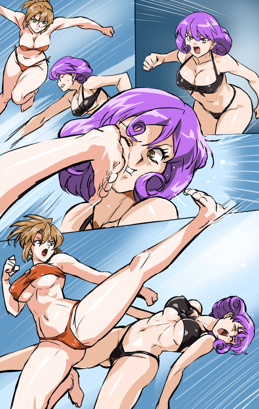 2girls agent_aika aika_(series) barefoot battle bikini black_bikini black_delmo black_delmo_leader breasts brown_hair clenched_hand covered_erect_nipples defeat earrings flying_kick folded_ponytail gluteal_fold highres jewelry kicking large_breasts mamesi_(suhk8583) motion_lines multiple_girls navel orange_bikini punching purple_hair side-tie_bikini_bottom strapless strapless_bikini sumeragi_aika swimsuit thighs