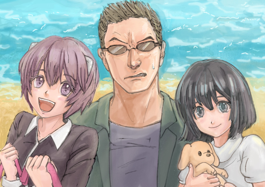 1boy 2girls :d animal bando beach black_dress black_hair brown_hair child clenched_teeth closed_mouth commentary_request day dog dress elfen_lied green_jacket grey_eyes grey_shirt hair_between_eyes highres holding holding_animal holding_dog holding_necktie horns jacket kyayo_(garamsee) light_blush long_sleeves looking_at_viewer mayu_(elfen_lied) multiple_girls nana_(elfen_lied) necktie open_mouth outdoors pink_necktie purple_eyes purple_hair raised_eyebrow sand shirt short_hair short_sleeves smile sunglasses sweatdrop teeth upper_body upper_teeth_only very_short_hair wanta water white_shirt