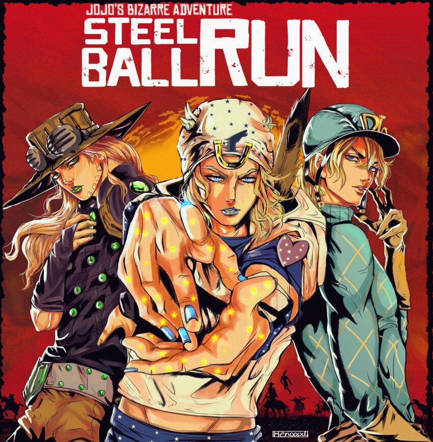 3boys aqua_hat aqua_shirt artist_name bandana belt black_border black_gloves blonde_hair blue_eyes blue_lips blue_nails blue_pants border brown_gloves brown_hat brown_pants commentary copyright_name cowboy_shot derivative_work diego_brando elbow_gloves english_commentary english_text eyewear_on_headwear from_side gloves green_eyes green_lips grey_belt gyro_zeppeli hair_between_eyes hand_on_own_chest hand_on_own_hip hand_up hashtag-only_commentary hat henoopd highres hood hoodie horseshoe_ornament johnny_joestar jojo_no_kimyou_na_bouken long_hair long_sleeves looking_at_viewer male_focus medium_hair midriff multiple_boys own_hands_together pants parted_lips red_background red_dead_redemption_(series) red_dead_redemption_2 red_lips shirt steel_ball_run tied_shirt toned toned_male upper_body video_game_cover_redraw white_bandana white_hoodie