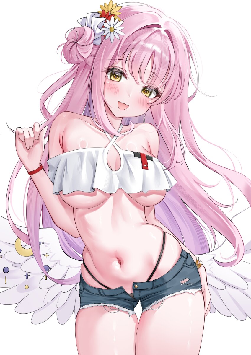 1girl absurdres alternate_costume angel_wings blue_archive breasts cowboy_shot criss-cross_halter crop_top crop_top_overhang denim denim_shorts feathered_wings hair_bun halterneck highleg highleg_panties highres long_hair looking_at_viewer low_wings mika_(blue_archive) navel no_halo open_fly panties pink_hair shirt short_shorts shorts single_side_bun smile solo string_panties underboob underwear wfa5051 white_shirt white_wings wing_ornament wings