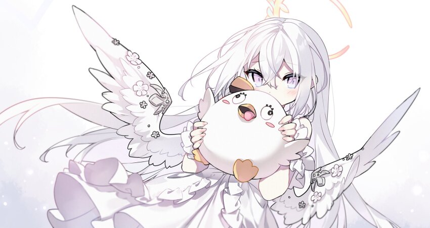 1girl azusa_(blue_archive) blue_archive commentary_request dress feathered_wings gradient_background hair_between_eyes halo highres long_dress long_hair looking_at_viewer peroro_(blue_archive) purple_eyes saru solo stuffed_toy white_background white_dress white_hair white_wings wings