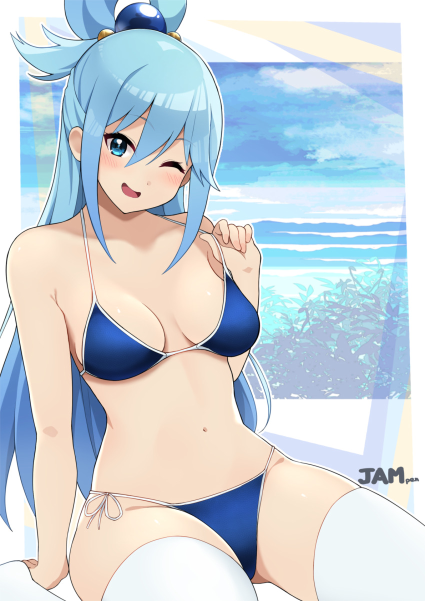 1girl ;d alternate_costume aqua_(konosuba) bikini blue_bikini blue_eyes blue_hair blush breasts groin hair_ornament hair_rings highres jampen kono_subarashii_sekai_ni_shukufuku_wo! long_hair looking_at_viewer medium_breasts one_eye_closed open_mouth sitting smile solo swimsuit thighhighs white_thighhighs