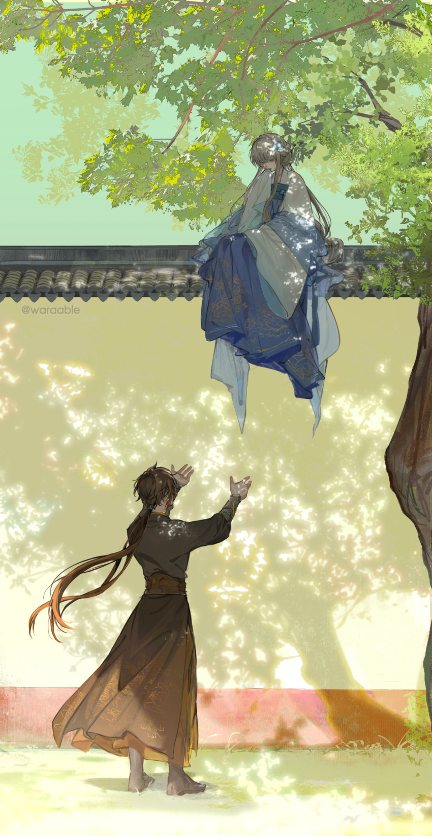 1boy 1girl alternate_costume artist_name blue_dress blue_eyes brown_hair brown_jacket brown_shoes brown_skirt couple dress flower genshin_impact glaze_lily guizhong_(genshin_impact) hair_flower hair_ornament highres jacket long_dress long_hair low_ponytail ponytail reaching reaching_towards_another shoes sitting skirt sleeves_past_fingers sleeves_past_wrists standing tree very_long_hair warable watermark white_dress wide_sleeves zhongli_(genshin_impact)