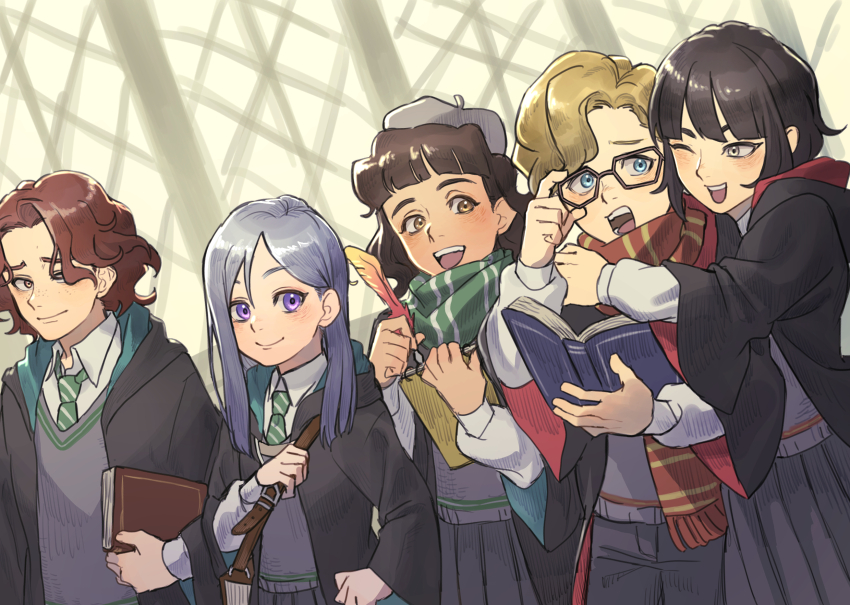 2boys 3girls adjusting_eyewear black-framed_eyewear black_hair black_pants black_robe black_skirt blonde_hair blue_eyes blush book brown_eyes brown_hair closed_mouth collared_shirt commentary_request daniel_page freckles glasses green_necktie green_scarf grey_hair grey_headwear gryffindor harry_potter:_magic_awakened harry_potter_(series) hat highres hogwarts_school_uniform holding holding_book holding_quill hood hood_down hooded_robe hug hug_from_behind indoors ivy_warrington kevin_farrell long_hair lottie_turner multiple_boys multiple_girls necktie one_eye_closed open_book open_clothes open_mouth open_robe pants purple_eyes quill red_scarf robe robyn_thistlethwaite scarf school_uniform shirt short_hair skirt slytherin smile teeth upper_teeth_only user_yxtk5473 wavy_hair white_shirt wide_sleeves wizarding_world yellow_eyes