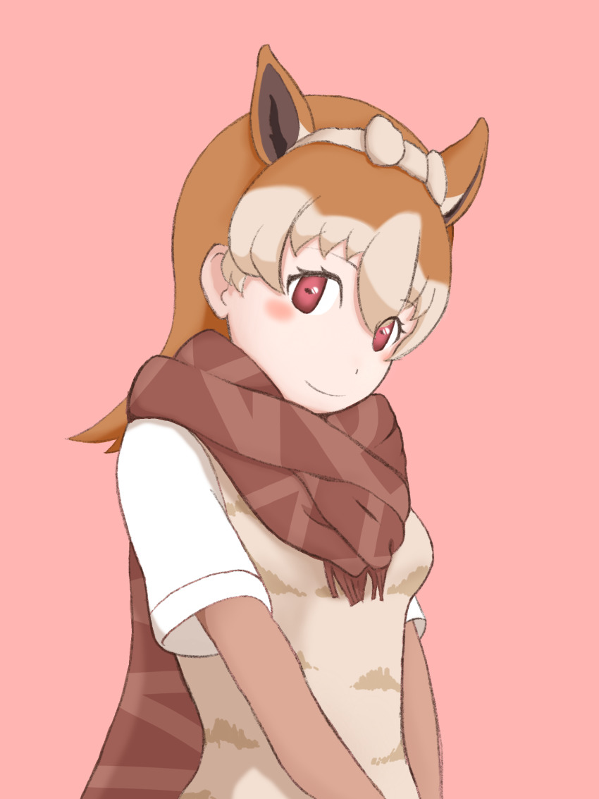 1girl animal_ears beige_sweater_vest blush bow brown_hair brown_neckwear brown_scarf hair_bow hairband highres kemono_friends pink_background red_eyes scarf shirt smile solo sweater_vest user_ugmw7344 vicugna_(kemono_friends) white_shirt