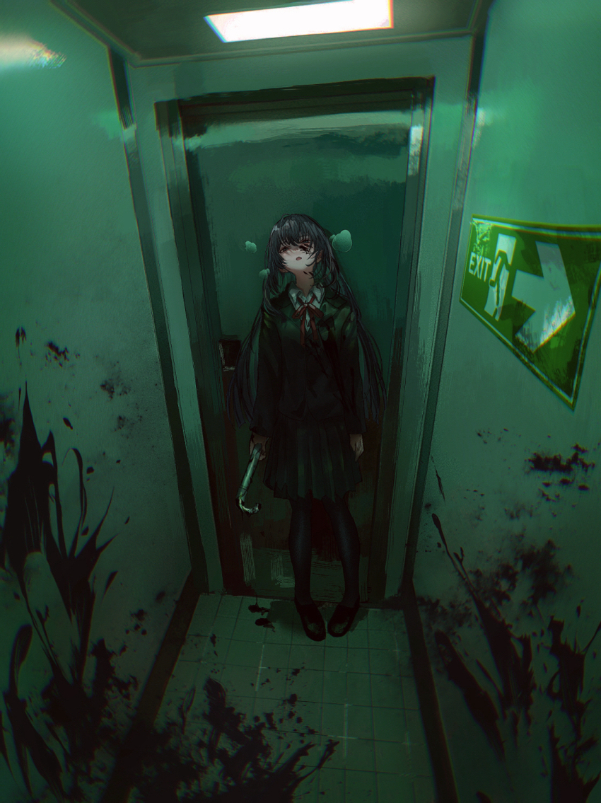 1girl asano_(kazusasn) black_hair black_pantyhose blazer blood blood_on_face blood_on_ground blood_on_wall chromatic_aberration door exit_sign hallway heavy_breathing highres holding holding_lead_pipe implied_murder indoors jacket lapels lead_pipe open_mouth original pantyhose pleated_skirt skirt solo standing tile_floor tiles twintails