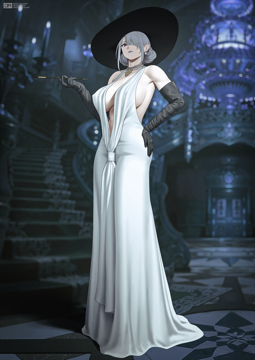1girl absurdres ak-15_(girls&#039;_frontline) bare_shoulders black_gloves blurry blurry_background breasts cleavage commentary_request dress earrings elbow_gloves folded_hair from_below girls&#039;_frontline gloves grey_hair hair_over_one_eye halterneck hand_on_own_hip hat highres holding holding_smoking_pipe indoors j_adsen jewelry large_breasts long_dress necklace sleeveless sleeveless_dress smoking_pipe solo stairs white_dress