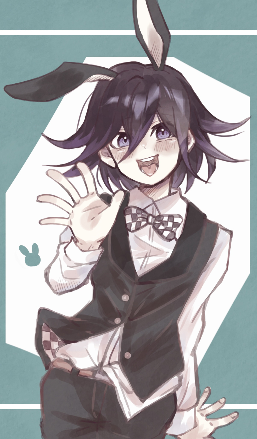 1boy animal_ears aqua_background belt black_pants blush bow bowtie checkered_bow checkered_bowtie checkered_clothes collared_shirt danganronpa_(series) danganronpa_v3:_killing_harmony flipped_hair happy highres kurosaki_(pixiv_82005545) long_sleeves looking_at_viewer multiple_girls oma_kokichi open_mouth pants purple_eyes purple_hair rabbit_boy rabbit_ears rabbit_symbol rabbit_tail shirt shirt_partially_tucked_in short_hair simple_background smile solo tail tongue tongue_out two-tone_background upper_body waving white_background