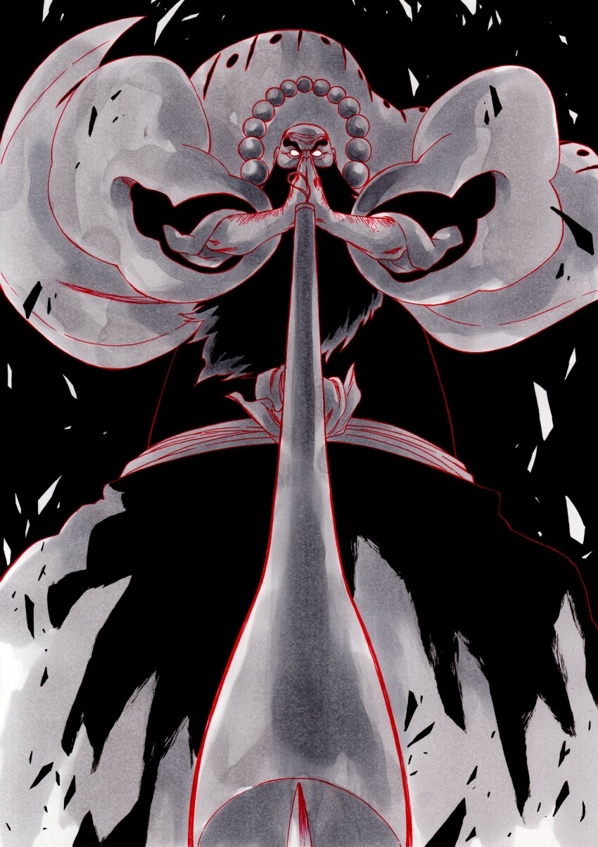 1boy absurdres arm_hair bald beads beard black_background black_hakama black_kimono blank_eyes bleach bleach:_sennen_kessen-hen commission facial_hair feet_out_of_frame fighting_stance floating_clothes from_below hakama hands_up haori highres hyousube_ichibei ichimonji_(shikai) japanese_clothes ken&#039;ichi_(ken1ro_u) kimono kubo_tite_(style) long_beard long_sleeves looking_at_viewer male_focus monk official_style old old_man own_hands_clasped own_hands_together prayer_beads simple_background skeb_commission solo standing straight-on sunken_cheeks taichou_haori thick_eyebrows v-shaped_eyebrows wide_sleeves