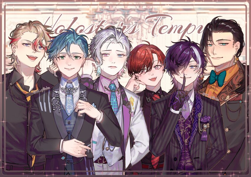 6+boys adjusting_clothes aqua_eyes aqua_necktie axel_syrios banzoin_hakka beard_stubble belt black_hair black_hands black_jacket black_shirt black_suit blonde_hair blue_eyes blue_hair blue_necktie blue_vest bow bowtie chandelier collar_chain_(jewelry) collared_shirt colored_extremities earrings english_text facial_hair facing_viewer fangs finger_to_mouth forehead formal_clothes gavis_bettel green_bow green_bowtie green_eyes group_name hair_over_one_eye hair_slicked_back heterochromia highres holostars holostars_english holotempus jacket jewelry josuiji_shinri lapel_chain lapel_pin lapels lips looking_at_viewer low_ponytail machina_x_flayon male_focus multicolored_hair multiple_boys necktie official_alternate_costume open_mouth orange_necktie orange_shirt patterned_clothing pink_eyes pink_shirt pinstripe_pattern pinstripe_shirt ponytail purple_hair purple_necktie purple_vest red_hair red_necktie red_streaks regis_altare shawl_lapels shirt shushing single_hair_streak sparkle_print stained_clothes streaked_hair striped_necktie stubble suit tie_clip upper_body vest virtual_youtuber waistcoat white_hair white_jacket white_shirt white_streaks white_suit white_vest y0ake