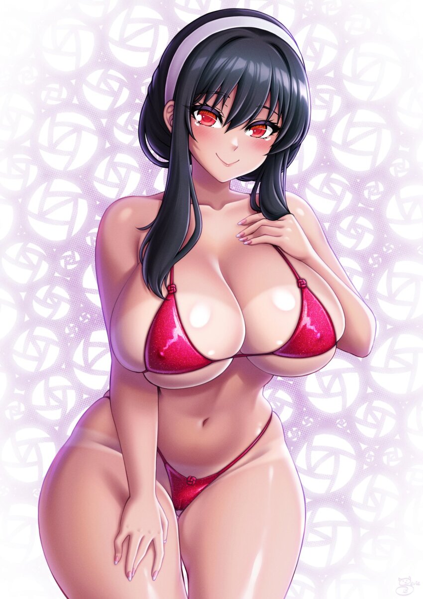1girl :&gt; bad_id bad_twitter_id bikini black_hair blush breasts cleavage curvy groin hand_on_own_chest hand_on_own_thigh headband highleg highleg_bikini highres huge_breasts large_breasts looking_at_viewer navel red_bikini red_eyes s sevie signature skindentation smile solo spy_x_family stomach swimsuit tan tanline thick_thighs thighs wide_hips yor_briar