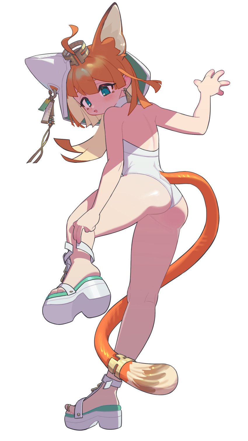 1girl absurdres ahoge animal_ear_hood animal_ears arav233 arknights cat_ears cat_girl commentary fake_animal_ears green_eyes highres hood jewelry long_hair orange_hair orange_tail papyrus_(arknights) simple_background solo tail tail_ornament tail_ring white_background