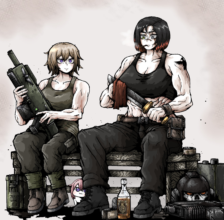 2girls abs adeptus_astartes alcohol ammunition_box astra_militarum bench black_hair black_pants bolter brown_hair cadian_shock_troops combat_knife doro_(nikke) field_ration genderswap genderswap_(mtf) goddess_of_victory:_nikke green_eyes helmet highres imperium_of_man knife lasgun multicolored_hair multiple_girls muscular muscular_female octosoup pants polishing purple_eyes red_hair scar scar_on_face scar_on_nose service_stud silver_templars sitting skull tank_top tin_(container) unworn_headwear unworn_helmet warhammer_40k weapon