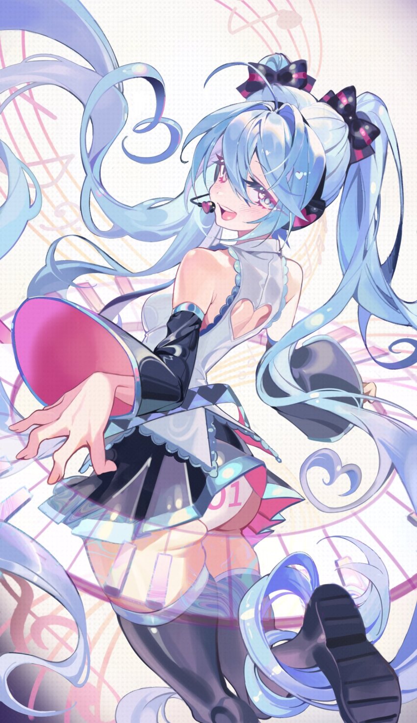 1girl black_thighhighs blue_eyes blue_hair clothing_cutout coloringday hatsune_miku headphones heart_cutout highres microphone panties solo thighhighs underwear vocaloid white_panties