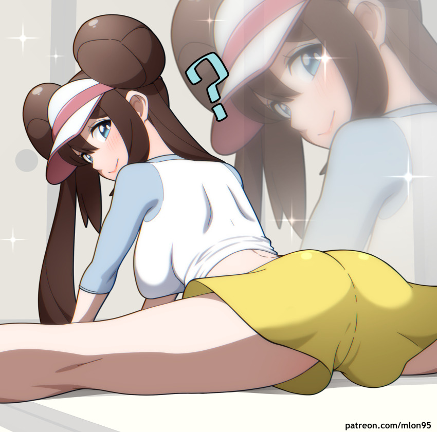 1girl ? absurdres ass blue_eyes blush breasts brown_hair donut_hair_bun double_bun flexible from_behind hair_bun highres kdtwifi large_breasts long_hair looking_at_viewer looking_back nintendo pokemon pokemon_bw2 raglan_sleeves rosa_(pokemon) shorts split thighs twintails very_long_hair visor_cap yellow_shorts zoom_layer