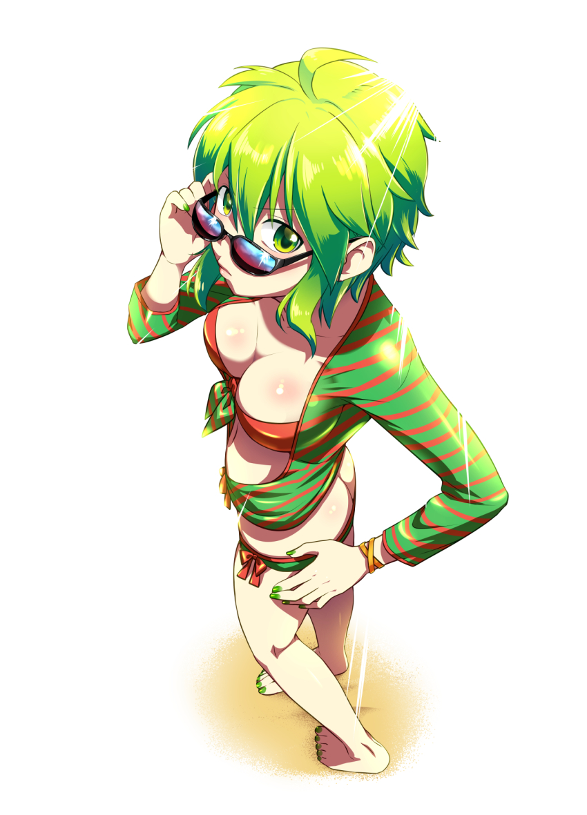 00s 1girl ass barefoot breasts butt_crack caffein cleavage female_focus flat_ass full_body glasses green_eyes green_hair gumi hand_on_own_hip highres looking_at_viewer matching_hair/eyes nail_polish short_hair simple_background solo sunglasses swimsuit vocaloid white_background