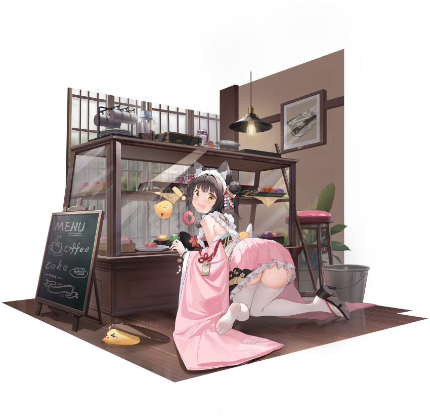 1girl alisa_(kuro_no_sakura) animal_ears apron azur_lane back_bow bow brown_hair brown_shoes bucket ceiling_light donut food from_side garter_straps highres kneeling looking_at_viewer manjuu_(azur_lane) medium_hair menu_board mop mutsu_(a_maid&#039;s_mis-service?)_(azur_lane) mutsu_(azur_lane) official_alternate_costume official_art pink_skirt pleated_skirt shoes single_shoe skirt solo thighhighs transparent_background white_apron white_garter_straps white_thighhighs wooden_floor yellow_eyes