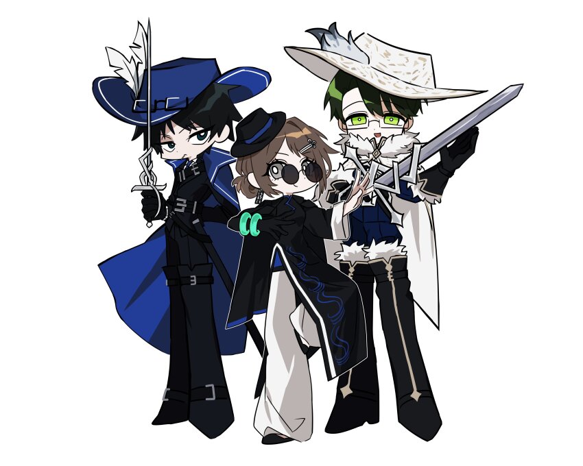 1girl 2boys absurdres black_boots black_eyes black_hair black_hat blue_cape boots brown_hair cape cavalier_hat chinese_clothes cinq_association_east_uniform cinq_association_south_uniform cinq_association_west_uniform closed_mouth dongrang_(project_moon) full_body green_eyes green_hair hair_bun hat highres holding holding_sword holding_weapon jade_bangle k_corp limbus_company looking_at_viewer multiple_boys project_moon rapier samjo_(project_moon) shrenne_(project_moon) simple_background smile sword thigh_boots weapon white_background white_cape white_hat
