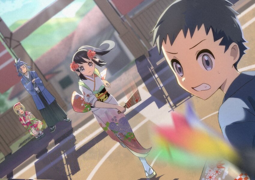 2boys 2girls adaman_(pokemon) akari_(pokemon) ako_(rawhji0rdbsmzf7) black_hair black_hakama black_socks blonde_hair blue_eyes blue_haori blue_sky closed_eyes closed_mouth creatures_(company) floral_print floral_print_kimono flower game_freak hagoita hair_flower hair_ornament hairband hakama hane_(hanetsuki) hanetsuki haori haori_himo holding holding_paddle irida_(pokemon) japanese_clothes kimono long_hair mountain multicolored_hair multiple_boys multiple_girls nintendo open_mouth outdoors paddle parted_lips pink_kimono pokemon pokemon_legends:_arceus ponytail print_kimono red_flower red_hairband red_kimono rei_(pokemon) sandals shadow sky socks tabi white_socks zouri
