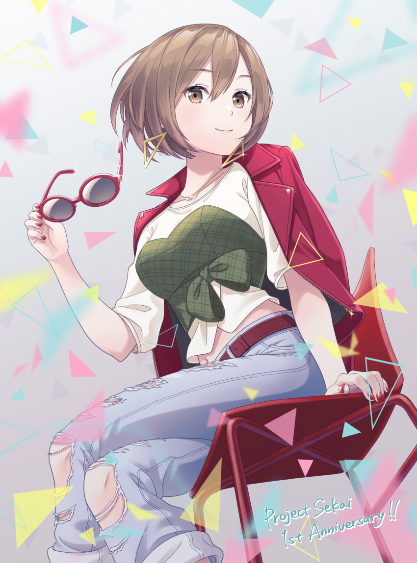 1girl bag belt blue_pants brown_eyes brown_hair closed_mouth denim unworn_eyewear from_below glasses hair_between_eyes highres holding holding_removed_eyewear jacket jacket_on_shoulders kirita_asami meiko_(vocaloid) midriff nail_polish open_clothes open_jacket pants project_sekai red-framed_eyewear red_belt red_jacket red_nails shirt short_hair short_sleeves sitting smile solo stomach tied_shirt torn_clothes torn_pants vivid_bad_squad_meiko vocaloid white_shirt