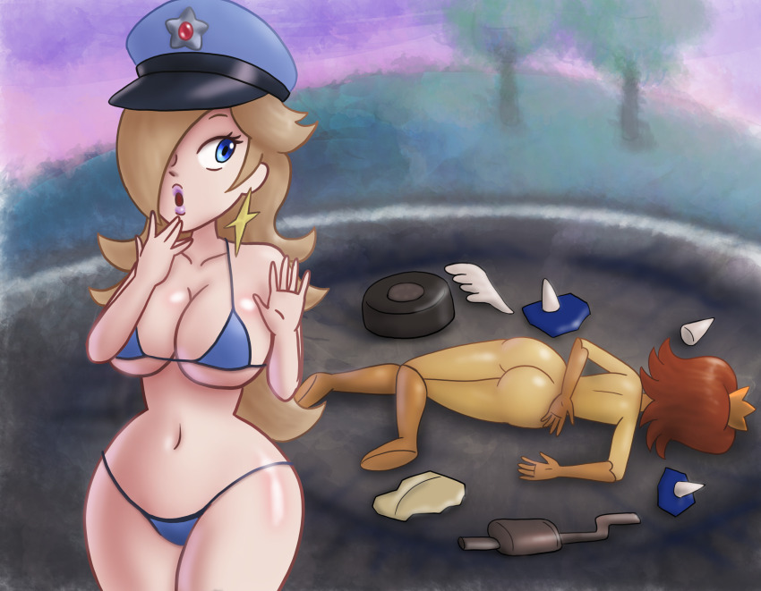 2girls absurdres accident bikini blue_bikini blue_eyes blue_top bodysuit breasts brown_hair cleavage crash crown earrings family_guy family_guy_death_pose_(meme) full_body gloves hair_over_one_eye hat highres jewelry large_breasts looking_at_another mario_(series) mario_kart multiple_girls nintendo orange_gloves pink_lips police police_hat police_uniform policewoman princess_daisy purple_clouds rosalina saf-404 shiny_skin shorts sideboob star_(symbol) star_earrings swimsuit tree worried yellow_bodysuit