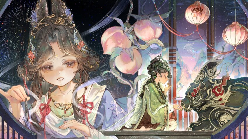 2girls barefoot black_hair calligraphy_brush chinese_clothes closed_eyes dao_fu facial_mark fireworks flower folding_screen food forehead_mark from_side fruit good_fortune_symbol green_hanfu grin hair_flower hair_ornament hand_up hanfu highres holding holding_calligraphy_brush holding_paintbrush huadian jewelry jiu_niangzi jiu_niangzi_(blossom_spring_fairy) lantern liang_yue_(reverse:1999) long_braid long_hair looking_at_viewer mask mask_on_head monster multiple_girls necklace night night_sky paintbrush paper_lantern parted_bangs peach pink_flower purple_flower purple_hanfu qiangliang_(reverse:1999) red_skirt reverse:1999 seiza sitting skirt sky smile takatsuki_haru upper_body
