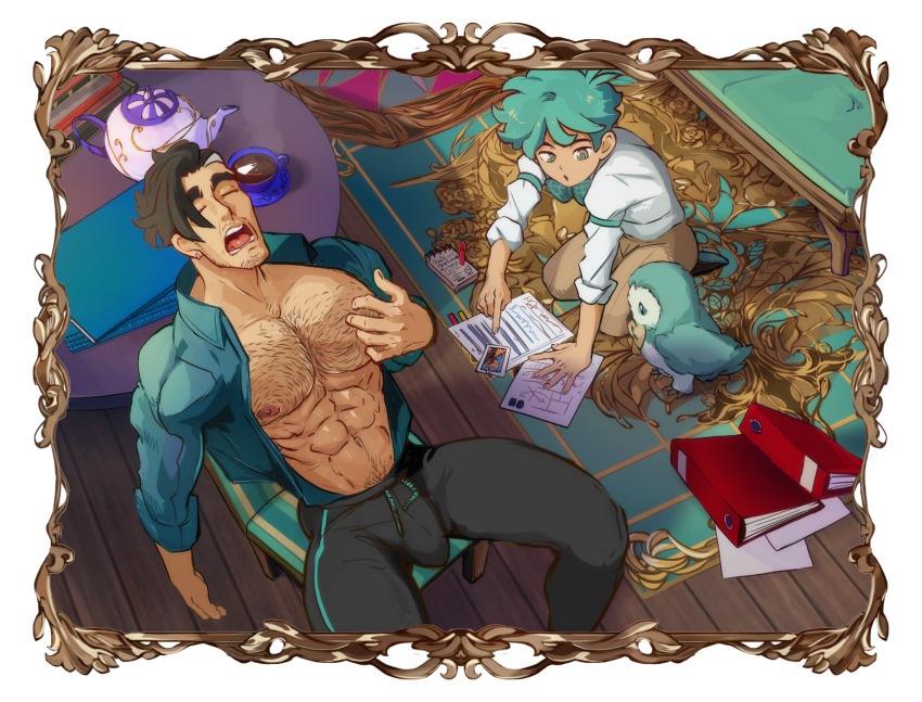 2boys abs ahoge animal antonio_satou bird black_pants blue_shirt bow bowtie brown_hair bulge carpet chest_hair closed_eyes collarbone collared_shirt cup facial_hair fairytale_police_hoe_department green_bow green_bowtie green_hair hand_on_own_chest highres idoraad indoors large_pectorals male_focus mature_male mug multiple_boys muscular muscular_male nipples notepad official_art open_clothes open_mouth open_shirt owl pants paper pectorals satou_kotarou_(fairytale_police_hoe_department) shirt short_hair table teapot teeth tongue track_pants transparent_background uncle_and_nephew undercut white_shirt wooden_floor