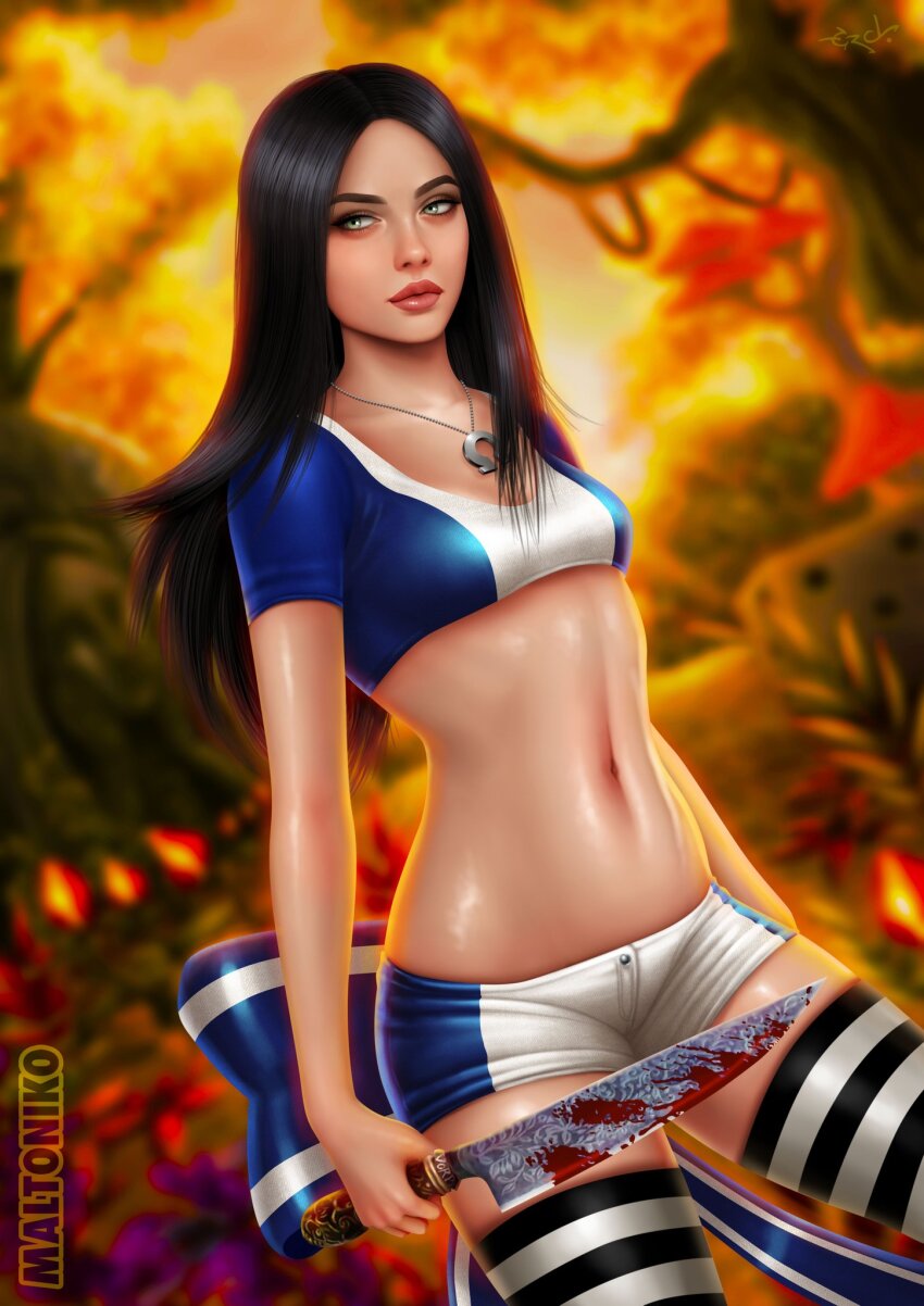 1girl alice:_madness_returns alice_liddell_(american_mcgee&#039;s_alice) american_mcgee&#039;s_alice blood breasts female_focus green_eyes highres knife lips long_hair maltoniko navel short_shorts shorts small_breasts solo striped_clothes striped_thighhighs thighhighs