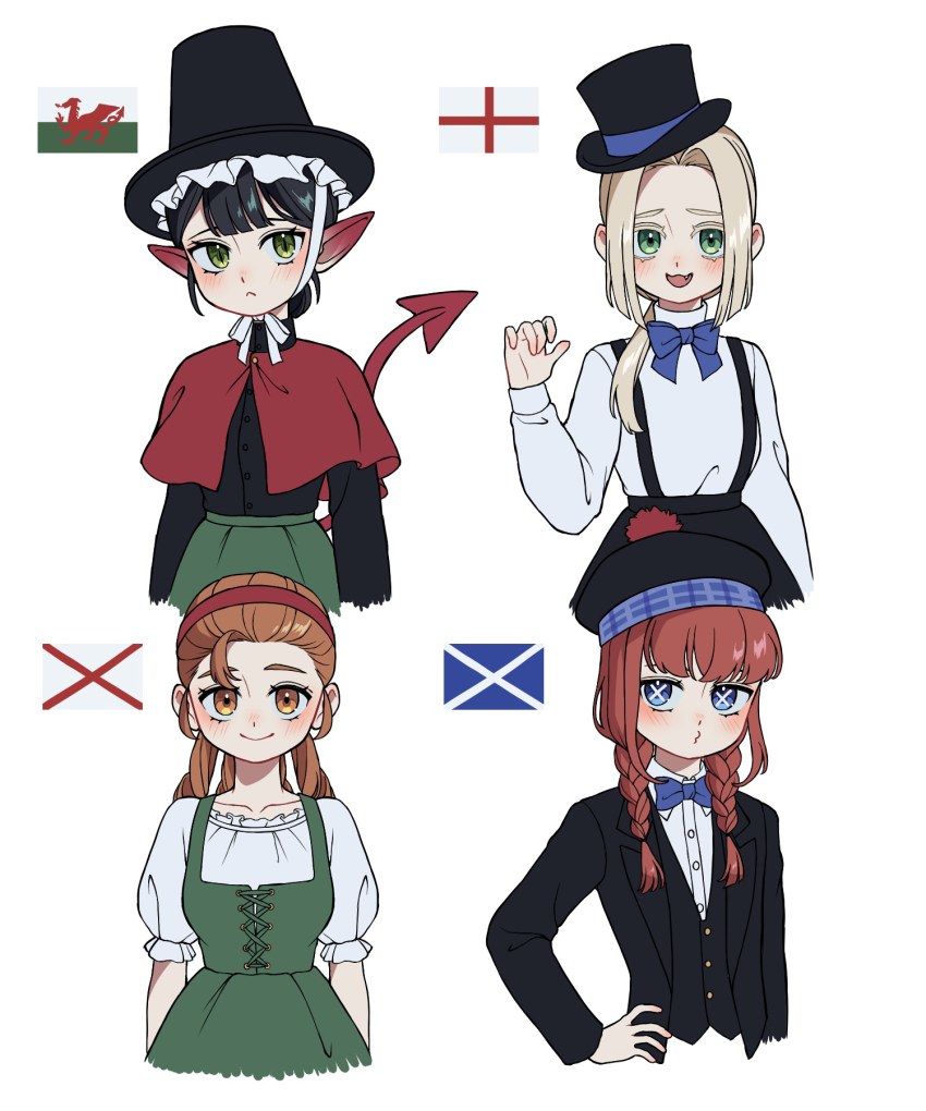 4girls blazer blue_bow blue_bowtie bow bowtie capelet demon_girl demon_tail dress england english_flag formal_clothes green_dress hat highres jacket kuroussa multiple_girls northern_ireland northern_irish_flag original personification pointy_ears scotland scottish_flag skirt suit suspender_skirt suspenders tail top_hat upper_body wales welsh_flag white_background