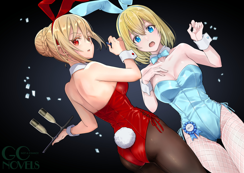 2girls angelica_rapha_redgrave animal_ears aqua_bow aqua_bowtie aqua_leotard artist_request bare_back black_background black_pantyhose blonde_hair blue_eyes bob_cut bow bowtie breasts bun_with_braided_base cleavage collar collarbone detached_collar dutch_angle fake_animal_ears fishnet_pantyhose fishnets glass gradient_background hair_bun hand_on_own_chest hand_up hands_up highres holding holding_tray leotard light_blush looking_at_viewer looking_back multiple_girls novel_illustration off-shoulder_leotard official_art olivia_(mobseka) open_mouth otome_game_sekai_wa_mob_ni_kibishii_sekai_desu pantyhose parted_lips rabbit_ears red_eyes red_leotard second-party_source side-tie_leotard single_hair_bun standing strapless strapless_leotard traditional_bowtie tray watermark white_collar white_wrist_cuffs wrist_cuffs