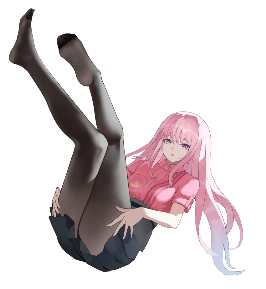 1girl absurdres blue_archive feet highres legs_up long_hair looking_at_viewer mika_(blue_archive) multicolored_eyes pantyhose parted_lips pink_hair soles tangfen_buzu toes two-tone_eyes