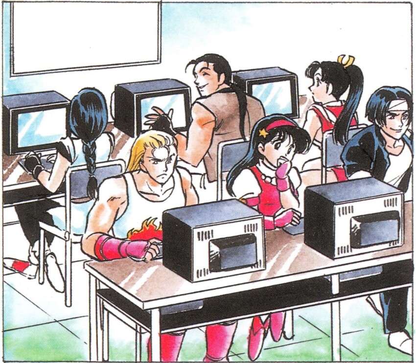 3girls andy_bogard asamiya_athena computer hair_ornament highres kusanagi_kyou long_hair monitor multiple_girls robert_garcia screen shiranui_mai short_hair the_king_of_fighters yuri_sakazaki