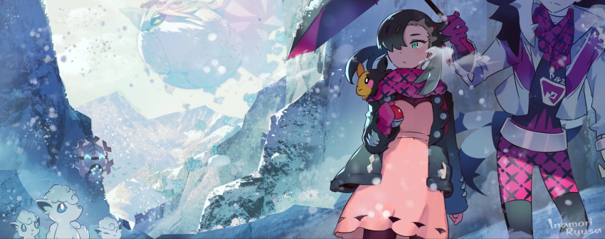 1boy 1girl alolan_form alolan_vulpix altaria asymmetrical_bangs belt black_hair black_jacket blush brother_and_sister commentary_request cryogonal dress earrings eyelashes frosmoth gen_3_pokemon gen_5_pokemon gen_7_pokemon gen_8_pokemon green_eyes gym_leader hair_ribbon highres holding holding_poke_ball holding_umbrella inaeda_kei jacket jewelry long_hair looking_to_the_side marnie_(pokemon) mittens morpeko morpeko_(full) multicolored_hair nintendo open_clothes open_jacket piers_(pokemon) pink_dress pink_mittens pink_scarf poke_ball poke_ball_(basic) pokemon pokemon_(creature) pokemon_swsh red_ribbon ribbon scarf siblings snowing two-tone_hair umbrella watermark white_jacket