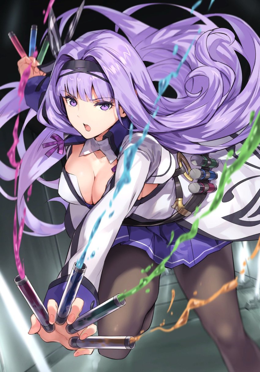 1girl blazblue blazblue_alternative:_dark_war breasts cleavage highres kajun_faycott large_breasts long_hair official_art pantyhose purple_eyes purple_hair skirt